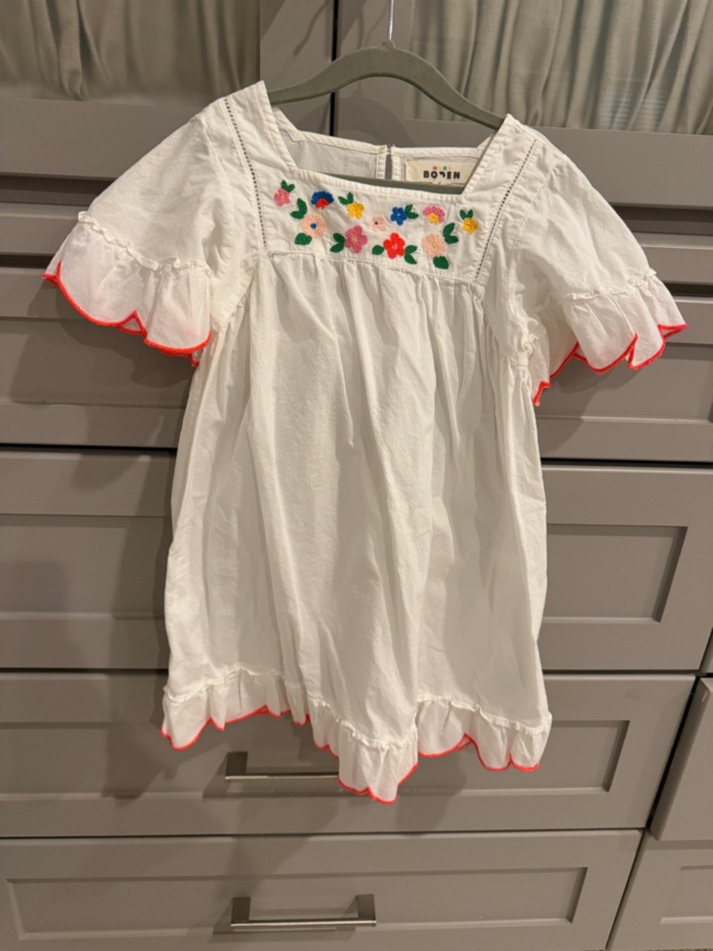 Mini Boden White Cotton Dress with Multicolor Floral Embroidery